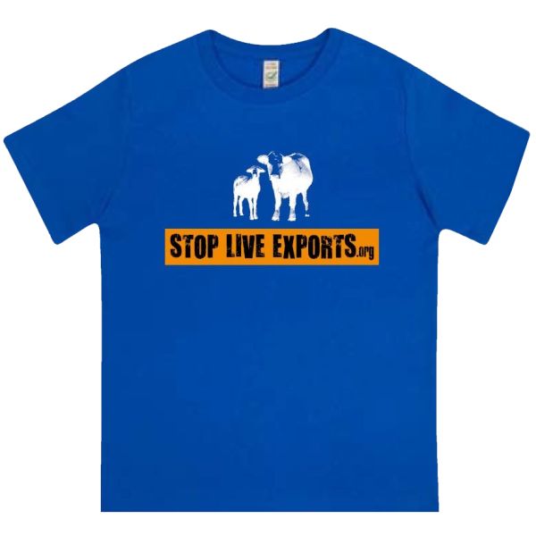 Bright Blue Children's Stop Live Exports T shirt front